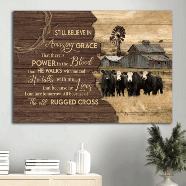 Religious Christian Home Decor Gift: Jesus Landscape Aberdeen Angus Farm Poster – Tranquil Farm Landscape Poster – The Old Rugged Cross