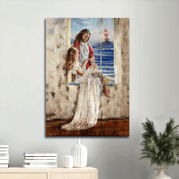 Jesus Portrait Poster Home Decor Gift- Abstract Art Christ The Redeemer Beautiful Girl Blue Ocean Wooden Sailboat – Gift For Religious Christian