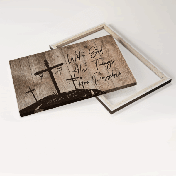 Christian Home Decor Gift: Jesus Cross Landscape Poster with 3 Wooden Crosses – All Things Are Possible with God