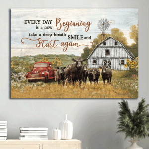 Religious Christian Home Decor Gift: Jesus Landscape & Aberdeen Angus Poster with Sunflower Car and Tranquil Farm - Every Day Is A New Beginning