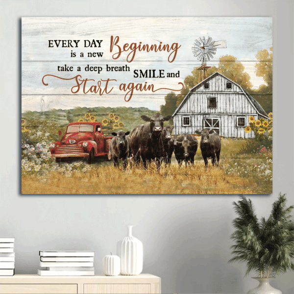 Religious Christian Home Decor Gift: Jesus Landscape & Aberdeen Angus Poster with Sunflower Car and Tranquil Farm – Every Day Is A New Beginning