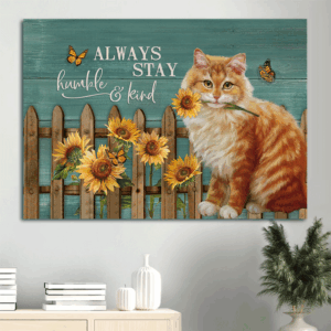 Jesus Landscape Poster Home Decor Gift - Brown Cat Painting  Poster Home Decor Gift with Sunflower Garden and Wooden Fence - Perfect Gift for Christian and Cat Lover - Always Stay Humble
