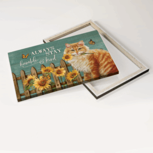 Jesus Landscape Poster Home Decor Gift - Brown Cat Painting Poster Home Decor Gift with Sunflower Garden and Wooden Fence - Perfect Gift for Christian and Cat Lover - Always Stay Humble 1