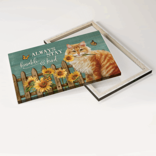 Jesus Landscape Poster Home Decor Gift – Brown Cat Painting  Poster Home Decor Gift with Sunflower Garden and Wooden Fence – Perfect Gift for Christian and Cat Lover – Always Stay Humble