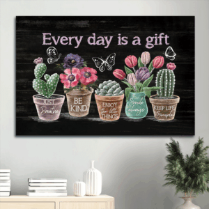 Jesus Landscape Poster Home Decor Gift - Abstract Flower Painting with Rustic Cactus Tulip Flower Butterfly - Gift for Religious Christians - Every Day Is A Gift