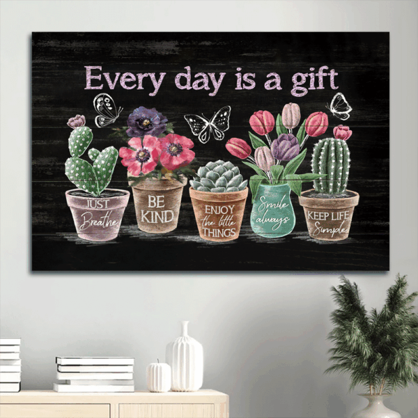 Jesus Landscape Poster Home Decor Gift – Abstract Flower Painting with Rustic Cactus Tulip Flower Butterfly – Gift for Religious Christians – Every Day Is A Gift