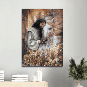 Jesus Portrait Poster Home Decor Gift - Abstract Art with White Horse Drawing & Flower Garden - Religious Christian Gift
