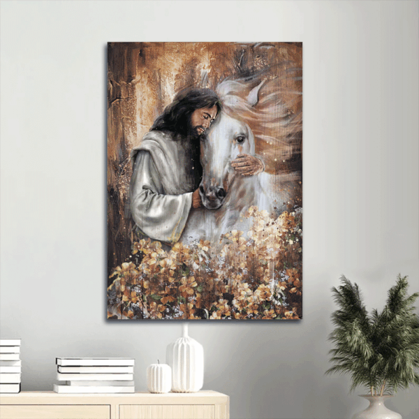 Jesus Portrait Poster Home Decor Gift – Abstract Art with White Horse Drawing & Flower Garden – Religious Christian Gift
