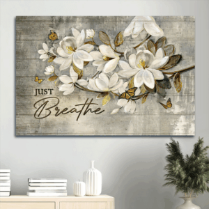 Jesus Landscape Poster Home Decor Gift - Abstract White Flower & Butterfly Art for Religious Christians - Just Breathe