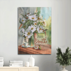 Abstract Jesus Portrait Poster: White Flower & Hummingbird Watercolor Art - Religious Gift - Just Breathe