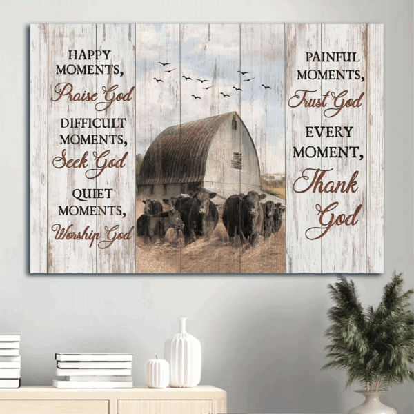 Tranquil Farm Jesus Landscape and Aberdeen Angus Poster Home Decor Gift – Thank God Every Moment – Religious Christian Gift