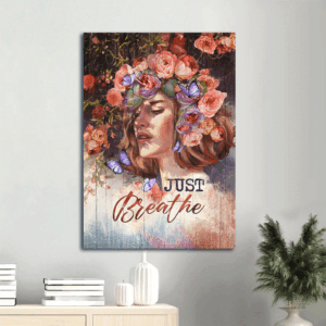 Jesus Portrait Poster Home Decor Gift - Girl Drawing  Poster Home Decor Gift with Brilliant Flower Wreath & Purple Butterfly - Perfect Gift for Christian Home - Just Breathe