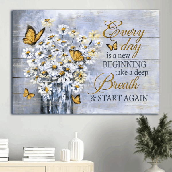 Jesus Landscape Poster: Abstract Art White Daisy and Yellow Butterfly – Christian Home Decor Gift for Every Day