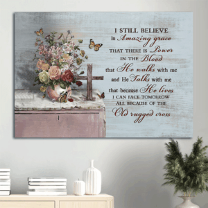 Jesus Landscape Poster Home Decor Gift - Cross Symbol  Poster Home Decor Gift with Brilliant Flowers and Orange Butterfly - Perfect Christian Gift for Amazing Grace