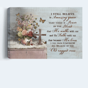 Jesus Landscape Poster Home Decor Gift - Cross Symbol Poster Home Decor Gift with Brilliant Flowers and Orange Butterfly - Perfect Christian Gift for Amazing Grace 3