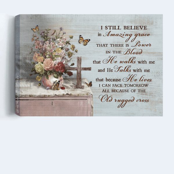 Jesus Landscape Poster Home Decor Gift – Cross Symbol  Poster Home Decor Gift with Brilliant Flowers and Orange Butterfly – Perfect Christian Gift for Amazing Grace