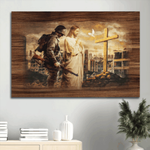 Christian Home Decor Gift: Jesus Praying Landscape Poster with City in War - Brave Soldier  Poster Home Decor Gift