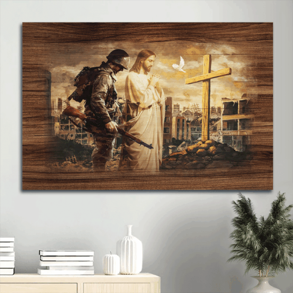 Christian Home Decor Gift: Jesus Praying Landscape Poster with City in War – Brave Soldier  Poster Home Decor Gift
