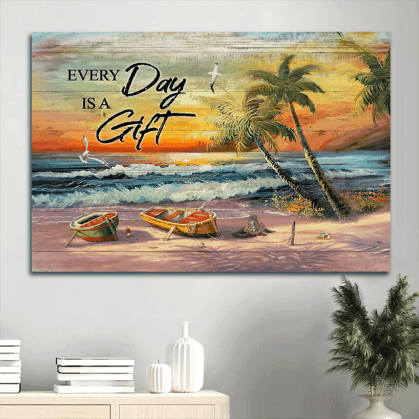 Jesus Landscape Poster Home Decor Gift – Stunning Beach Painting with Amazing Sunset and Seagull  Poster Home Decor Gift – Perfect Gift for Christians Everyday is a Gift