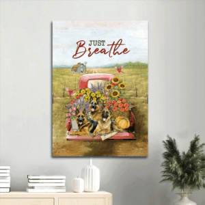 Jesus Portrait Poster Home Decor- Gift for Christian & Dog Lover- Brilliant Flower German Shepherd Red Cardinal  Poster Home Decor Gift- Just Breathe