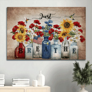 Jesus Landscape Poster Home Decor Gift - Stunning Flower Garden US Flag Hummingbird  Poster Home Decor Gift - Perfect Gift for Christian Home - Just Breathe