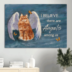 Jesus Landscape Poster Home Decor Gift - Brown Cat  Poster Home Decor Gift with Angel Wings & Butterfly  Poster Home Decor Gift - Perfect Gift for Christian & Cat Lover - Angels Among Us