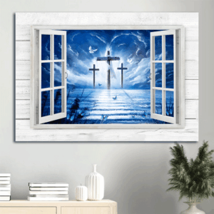 Jesus Landscape Poster: Blue Sky Three Crosses Door to Heaven - Christian Home Decor Gift