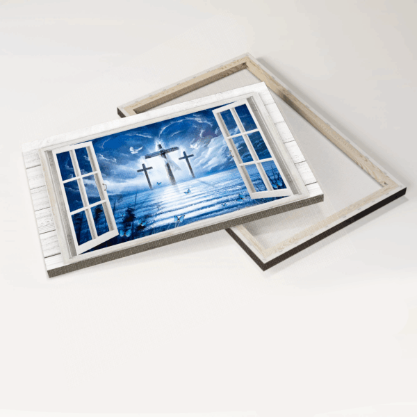 Jesus Landscape Poster: Blue Sky Three Crosses Door to Heaven – Christian Home Decor Gift