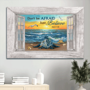 Jesus Landscape Poster Home Decor Gift - Christian Wall Art with Blue Turtle and Beach Scene  Poster Home Decor Gift Print