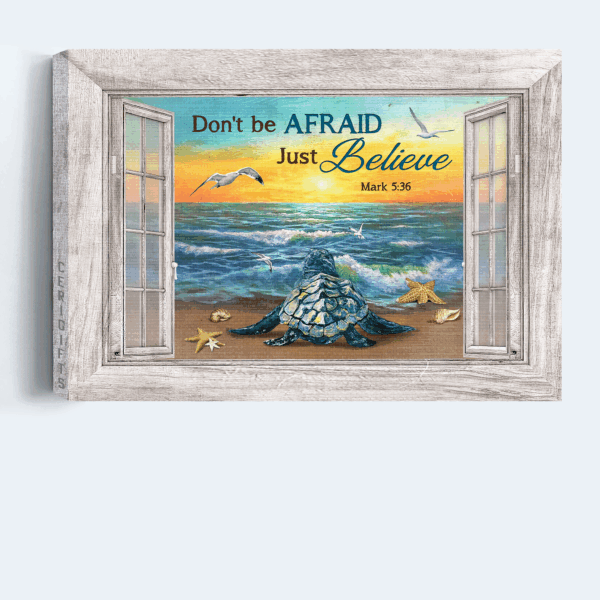 Jesus Landscape Poster Home Decor Gift – Christian Wall Art with Blue Turtle and Beach Scene  Poster Home Decor Gift Print
