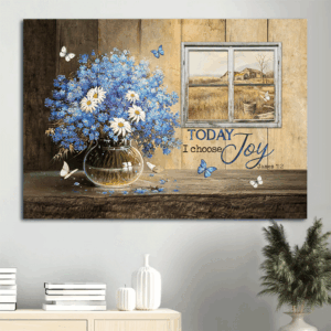 Christian Landscape Poster Gift - Blue Flowers White Daisy Farm View  Poster Home Decor Gift - Joyful Christian Wall Art