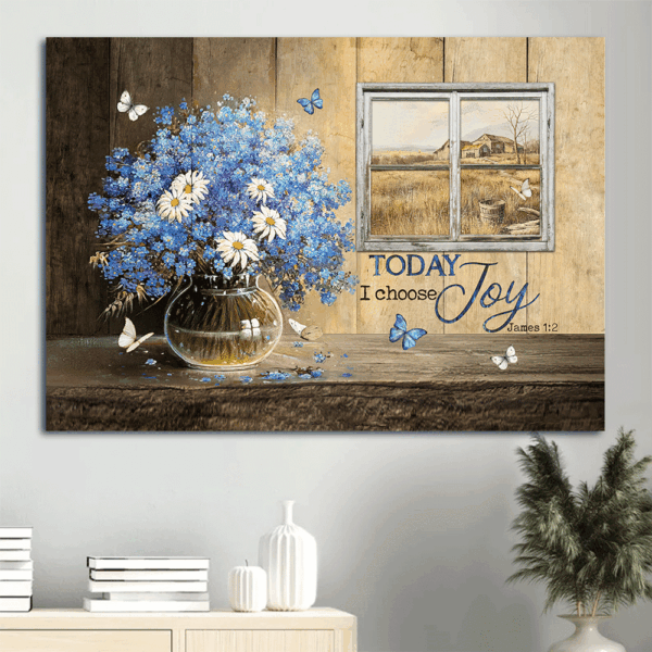 Christian Landscape Poster Gift – Blue Flowers White Daisy Farm View  Poster Home Decor Gift – Joyful Christian Wall Art