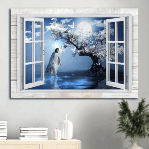 Jesus Landscape Poster: Blue Night Magic Tree Full Moon White Dove  Poster Home Decor Gift - Gift for Christian Wall Art