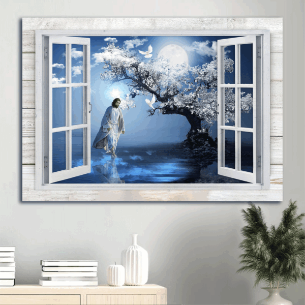 Jesus Landscape Poster: Blue Night Magic Tree Full Moon White Dove  Poster Home Decor Gift – Gift for Christian Wall Art