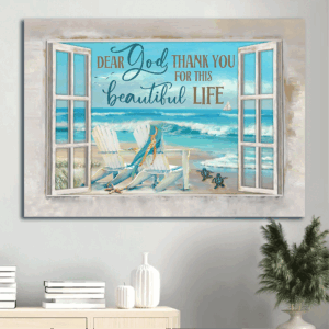 Christian Home Decor Gift: Jesus Landscape Poster with Blue Ocean Drawing and Turtle  Poster Home Decor Gift - Thank You for This Beautiful Life