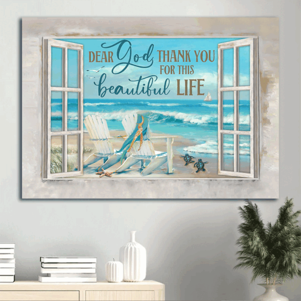 Christian Home Decor Gift: Jesus Landscape Poster with Blue Ocean Drawing and Turtle  Poster Home Decor Gift – Thank You for This Beautiful Life