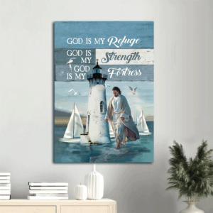 Jesus Portrait Poster Home Decor Gift - Blue Ocean Theme with Lighthouse Seagulls and God is my Refuge Quote - Christian Wall Art Prints