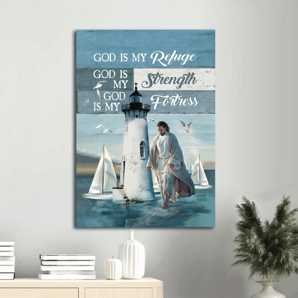 Jesus Portrait Poster Home Decor Gift – Blue Ocean Theme with Lighthouse Seagulls and God is my Refuge Quote – Christian Wall Art Prints