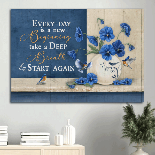 Christian Landscape Poster Home Decor Gift – Blue Pansy Eastern Bluebird  Poster Home Decor Gift Print – New Beginning Christian Wall Art