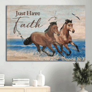 Jesus Landscape Poster: Blue Ocean & Running Horses  Poster Home Decor Gift - Christian Wall Art & Home Decor Gift