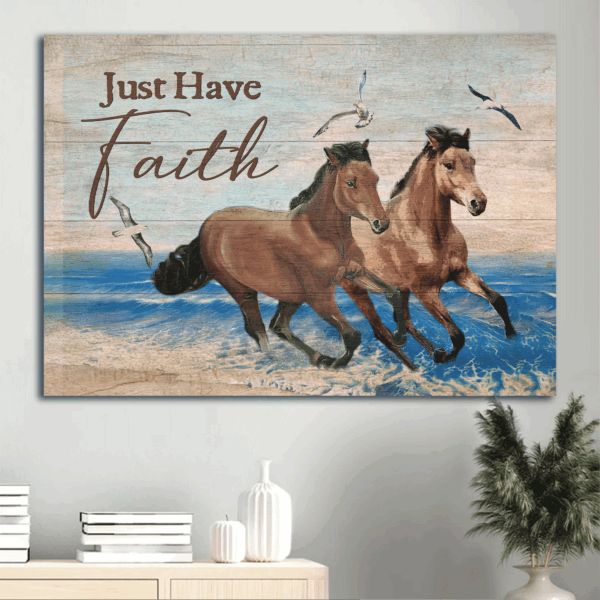 Jesus Landscape Poster: Blue Ocean & Running Horses  Poster Home Decor Gift – Christian Wall Art & Home Decor Gift