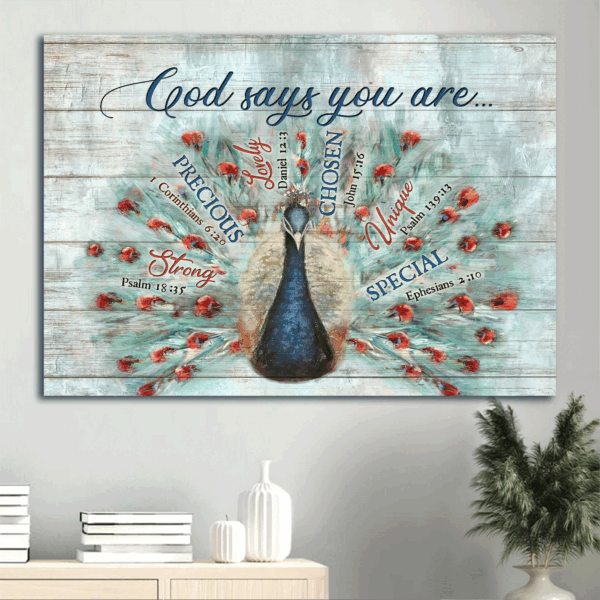 Blue Peacock Jesus Landscape Poster with Bible Verses – Vintage Christian Home Decor Wall Art