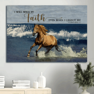 Jesus Landscape Poster Home Decor Gift - Blue Ocean & Running Horse Christian Wall Art