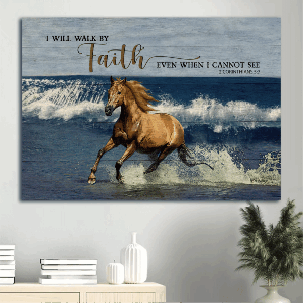 Jesus Landscape Poster Home Decor Gift – Blue Ocean & Running Horse Christian Wall Art