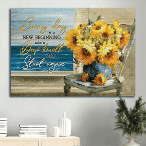 Jesus Landscape Poster Home Decor Gift - Blue Ocean Drawing & Watercolor Sunflower  Poster Home Decor Gift for Christians - Every Day is a New Beginning - Wall Art Prints