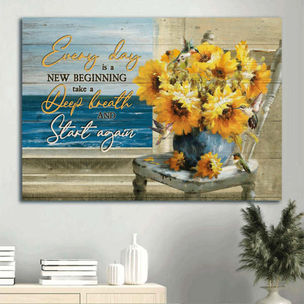 Jesus Landscape Poster Home Decor Gift – Blue Ocean Drawing & Watercolor Sunflower  Poster Home Decor Gift for Christians – Every Day is a New Beginning – Wall Art Prints