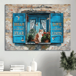 Jesus Landscape Poster Home Decor Gift - Christian Wall Art with Blue Window Cat Drawing and Pretty Flower  Poster Home Decor Gift - Dream Without Fear
