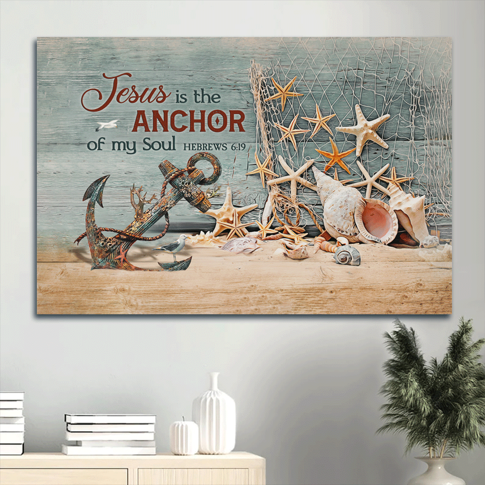 Jesus Landscape Poster Home Decor Gift: Christian Wall Art with Boat Anchor Sea Stars and Seashells Jesus Landscape Poster Home Decor Gift: Christian Wall Art with Boat Anchor Sea Stars and Seashells