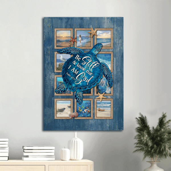 Christian Home Decor Gift: Jesus Portrait Poster with Blue Sea Turtle and Colorful Starfish – Be Still and Know Wall Art