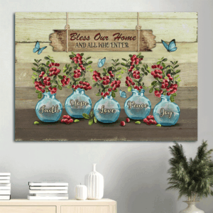 Christian Home Decor Gift: Jesus Landscape Poster with Blue Vase and Butterfly  Poster Home Decor Gift - Bless Our Home Wall Art